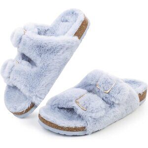 Women's Light Blue Cozy Lining Faux Rabbit Fur Cork Open Slipper Sandals Shoes